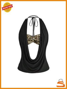 Sequin Sparkly Halter Crop Top Draped Front Club Top